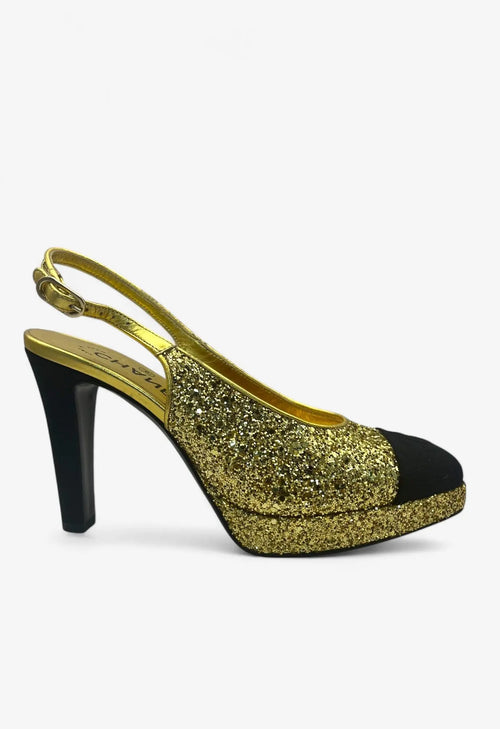 Chanel Gold Glitter Black Slingbacks – Größe 38 Chanel
