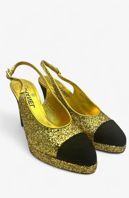 Chanel Gold Glitter Black Slingbacks – Größe 38 Chanel